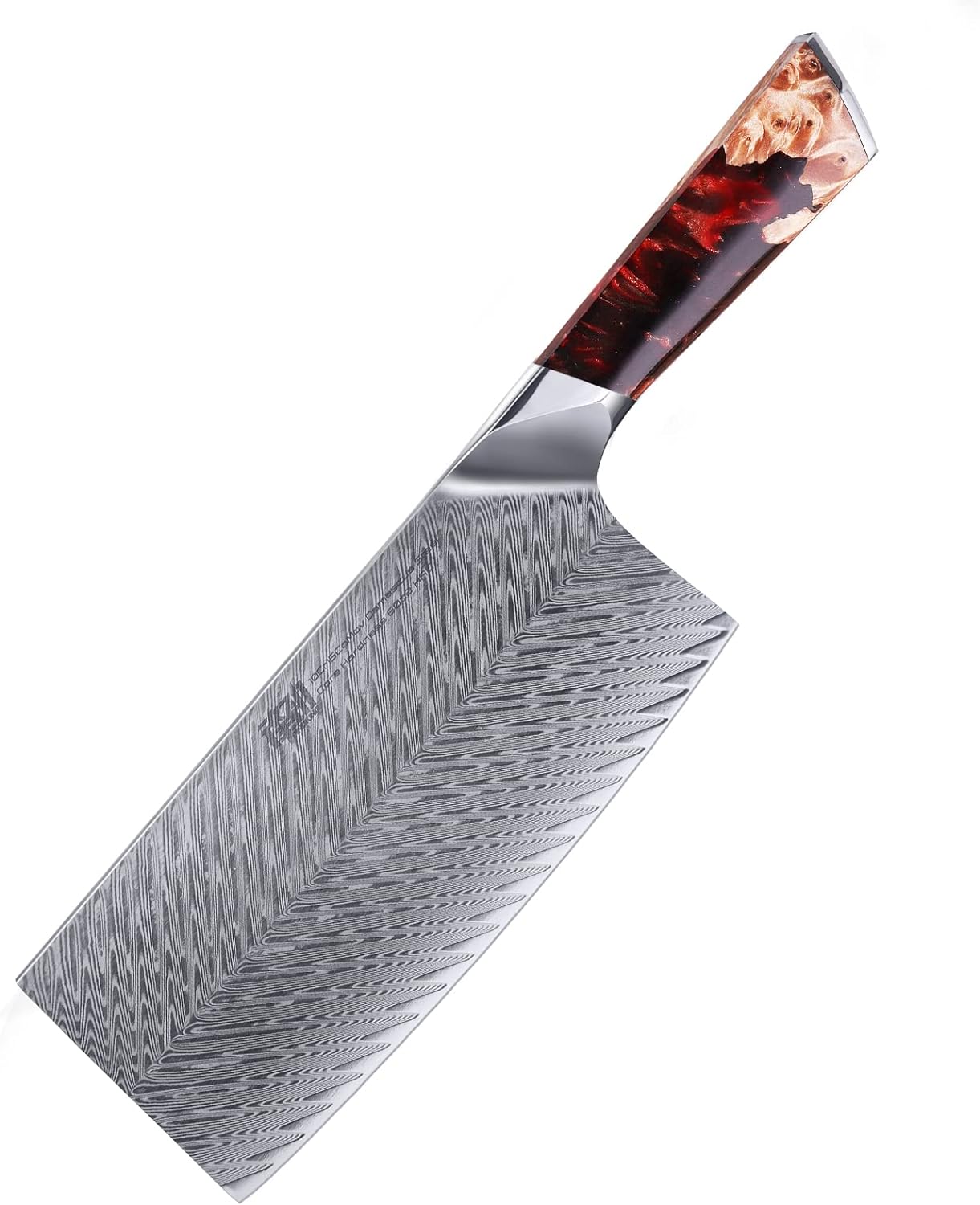 FINDKING Nebula Series Cleaver Knife, Multipurpose Chinese Chef Knife, 10Cr15CoMov Damascus Steel Blade, Resin and Figured Sycamore Handle, Full Tang, 7 Inch, Red, for Meat, Vegetable Shredding