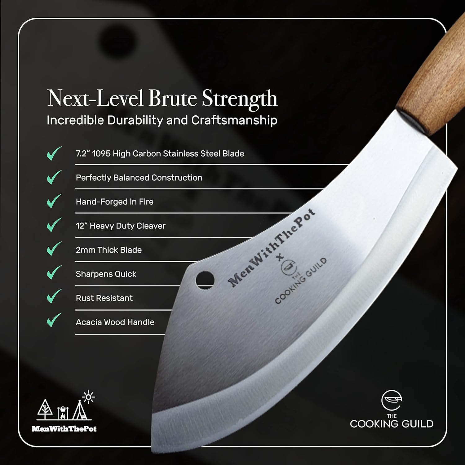 The Cooking Guild x MenWithThePot Professional Cleaver Knife - 7.4 Butcher Knife Made of German Stainless Steel - Rust-Resistant Chopping Knife Heavy Duty Meat Cleaver Designed to Last a Lifetime