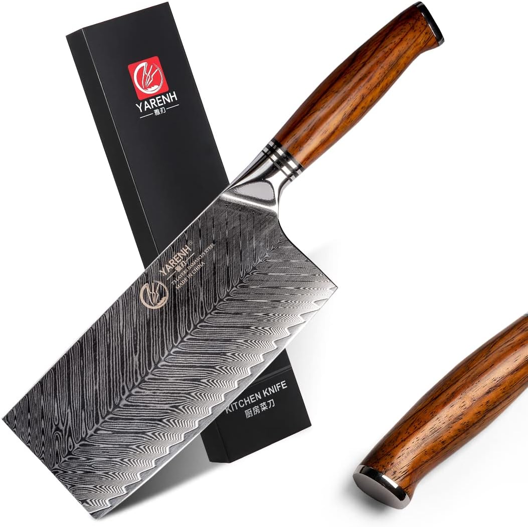 YARENH Professional Chef Knife, Cleaver Knife 7 Inch, 73 Layers Damascus Stainless Steel, Full Tang Natural Sandalwood Handle, with Gift Box