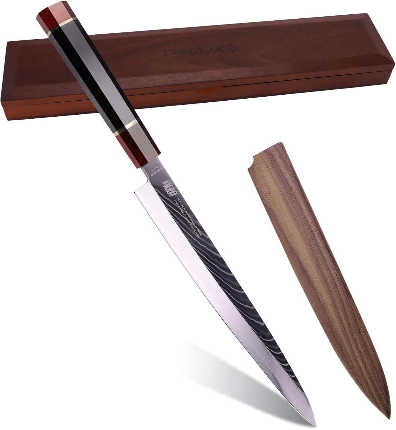 FINDKING Prestige Series Yanagiba Knife with Walnut Cover, Japanese SKD11 Damascus Steel Blade, Ebony Wood Octagonal Handle, Professional Sashimi Sushi Fish Knife (10.5 Inches, with Wooden Gift Box)