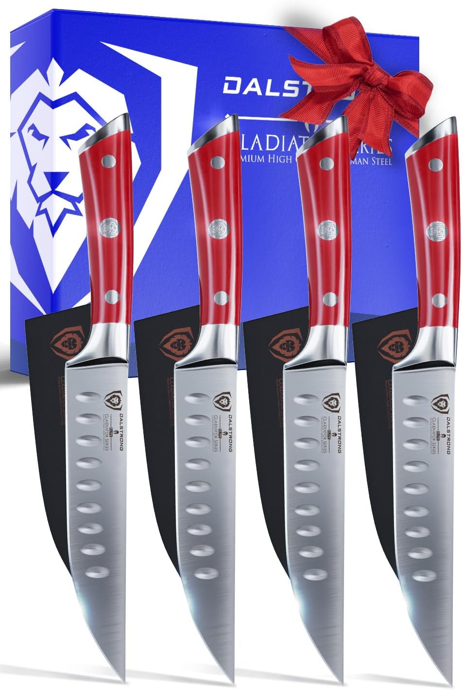 Dalstrong Steak Knife Set-4pc 5 Straight Blade Edge-Gladiator Series-Forged German High-Carbon Steel-w/Sheaths-Red ABS Handle-Giftable Dinner Set Kitchen Knives