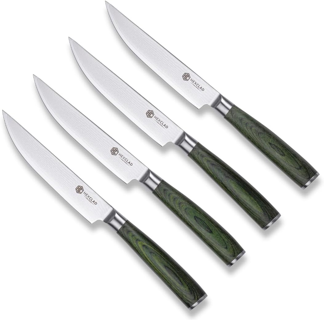 HexClad Steak Knife Set, 4-Pieces Damascus Stainless Steel Blades, Full Tang Construction, Pakkawood Handles