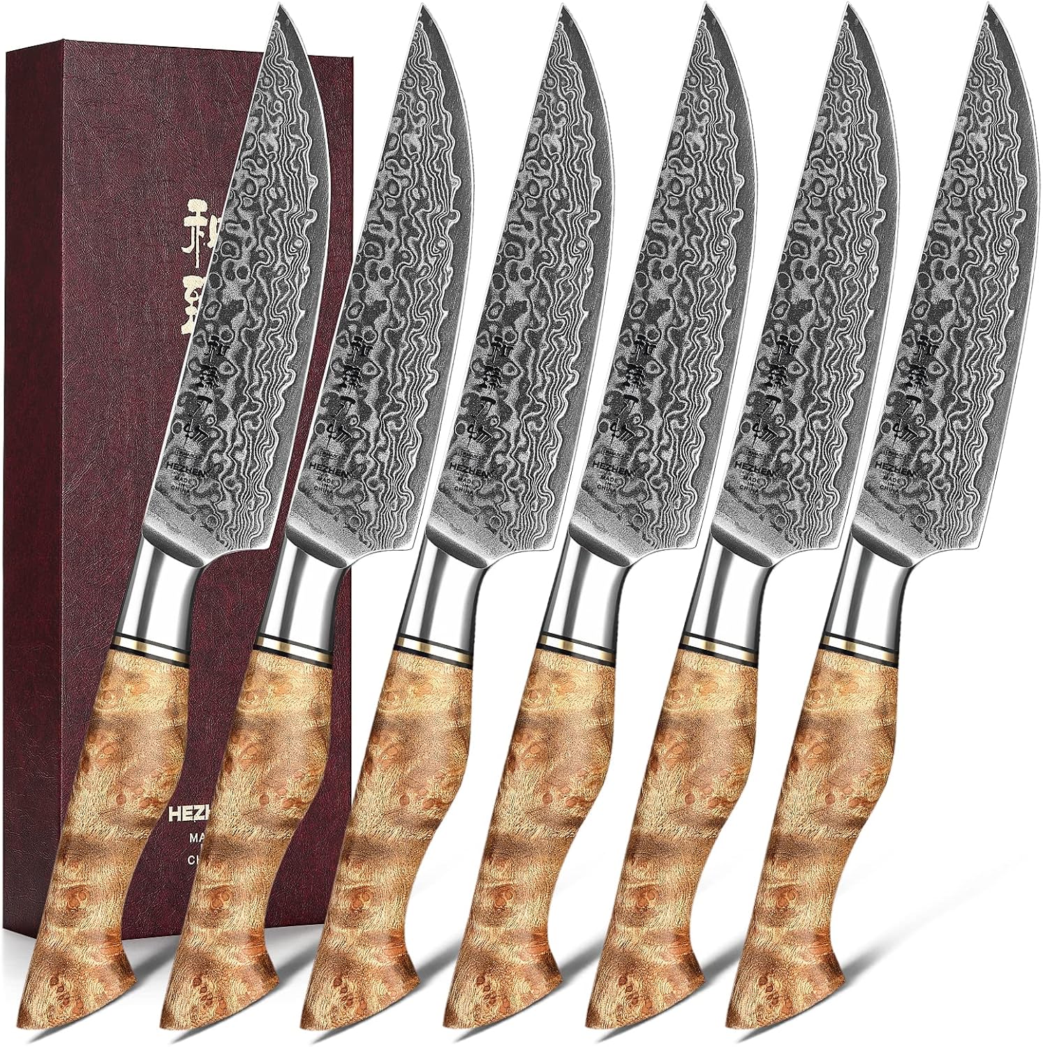 HEZHEN 6PCS Kitchen Knife Set Professional Forged Damascus High Carbon Steel Steak Knife Figured Sycamore Wood Handle-Porcelain Gift Package