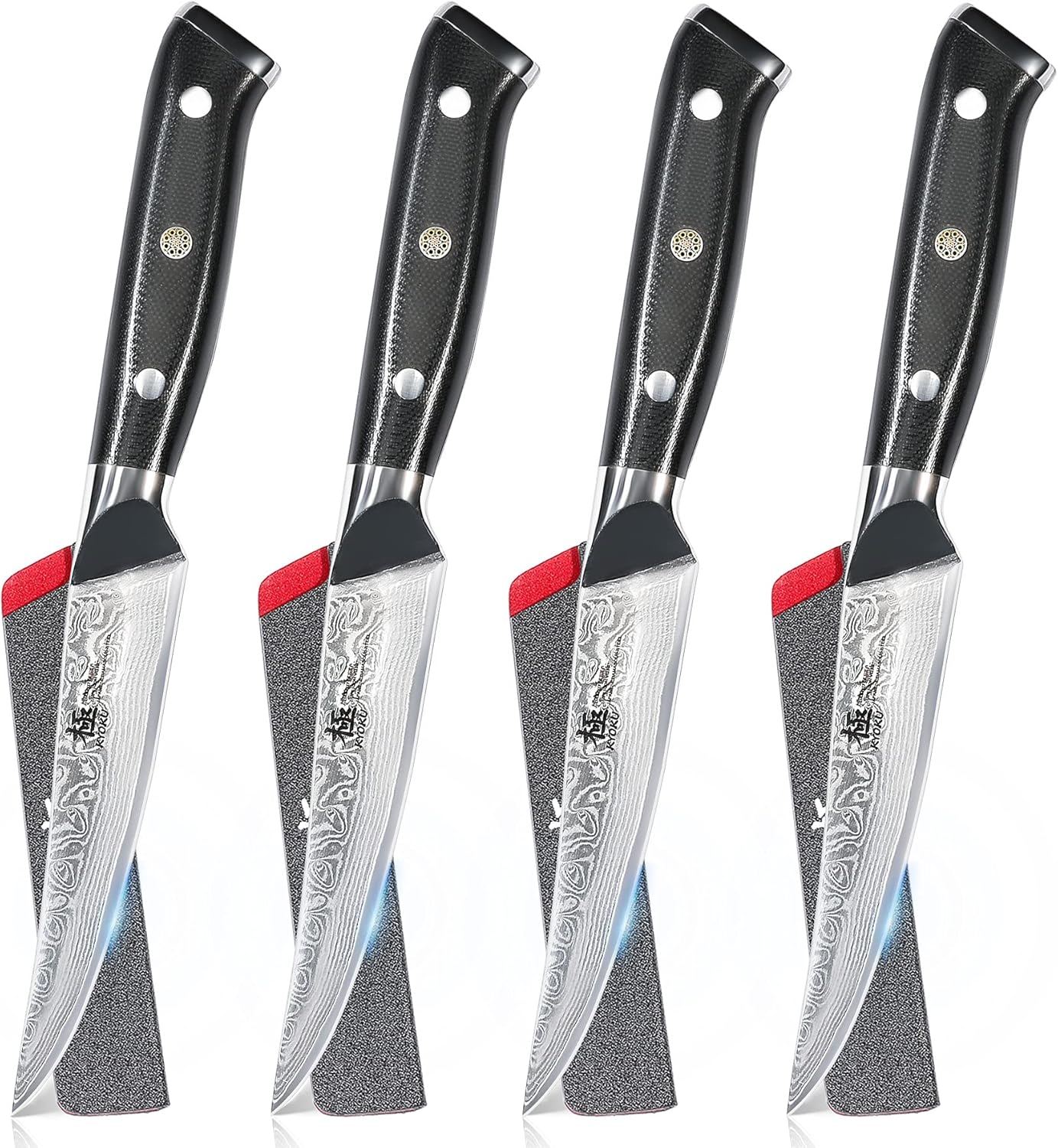 KYOKU Damascus Non-Serrated Steak Knives Set of 4 - Shogun Series - Japanese VG10 Steel - with Sheath  Case