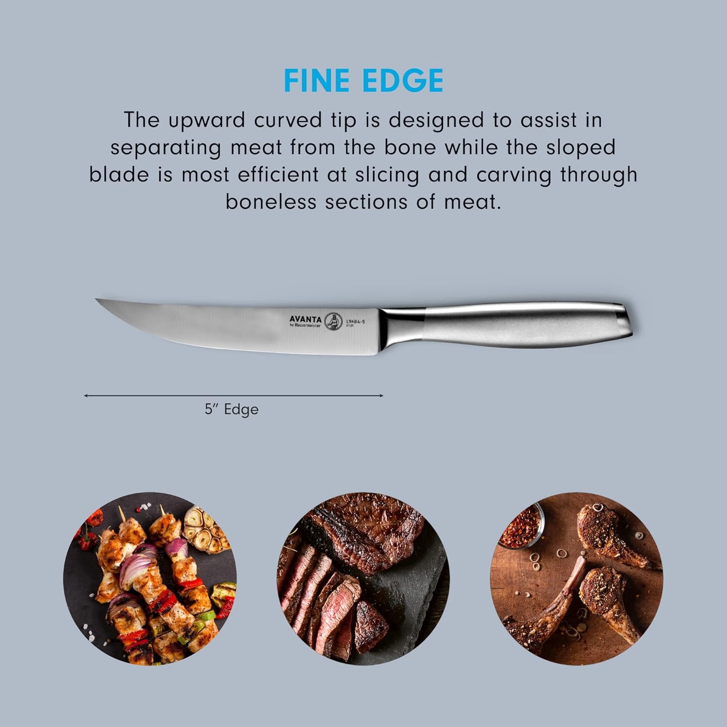 Messermeister Avanta 5” Fine Edge Steak Knife Set - German X50 Stainless Steel - Rust Resistant  Easy to Maintain - Includes 4 Steak Knives