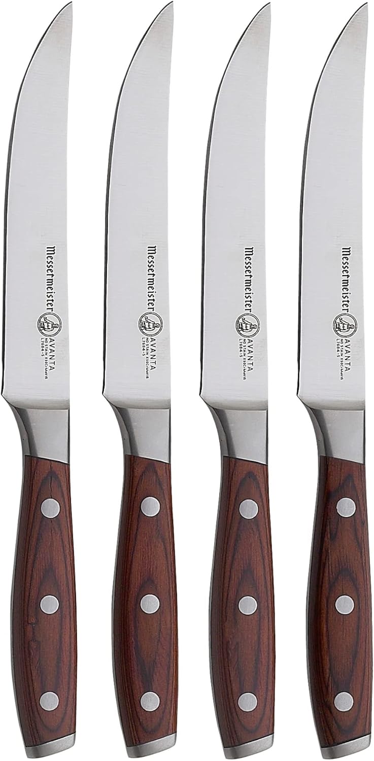 Messermeister Avanta 5” Fine Edge Steak Knife Set - German X50 Stainless Steel - Rust Resistant  Easy to Maintain - Includes 4 Steak Knives