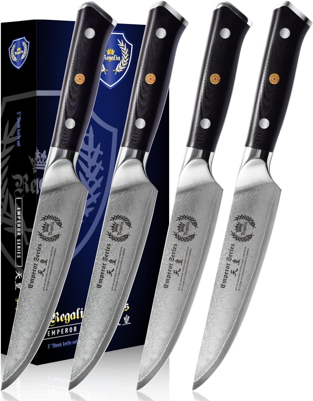 Steak Knife Set - 4 Piece - 5 Inch Damascus Steel AUS-10V High Carbon Steel Blade - G-10 Garolite Ergonomic Handle