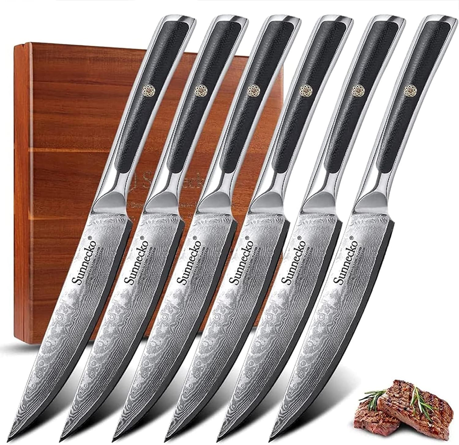 Sunnecko Damascus Steak Knives Set of 6 Non Serrated, Japanese VG10 Stainless Steel Steak knives Dishwasher Safe, 5 Inch Steak Knives G10 Handle with Wood Gift Box