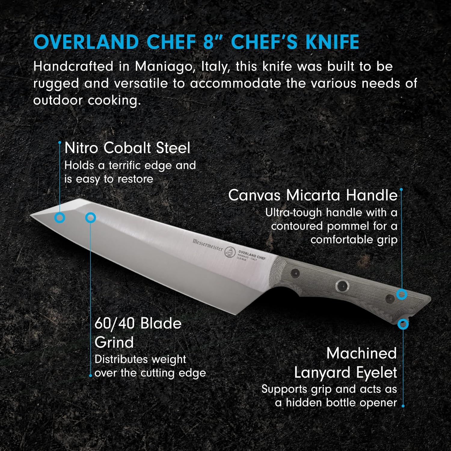 Messermeister Overland Chef 8” Chef’s Knife - Nitro Cobalt Steel, Canvas Micarta Handle  Hidden Bottle Opener