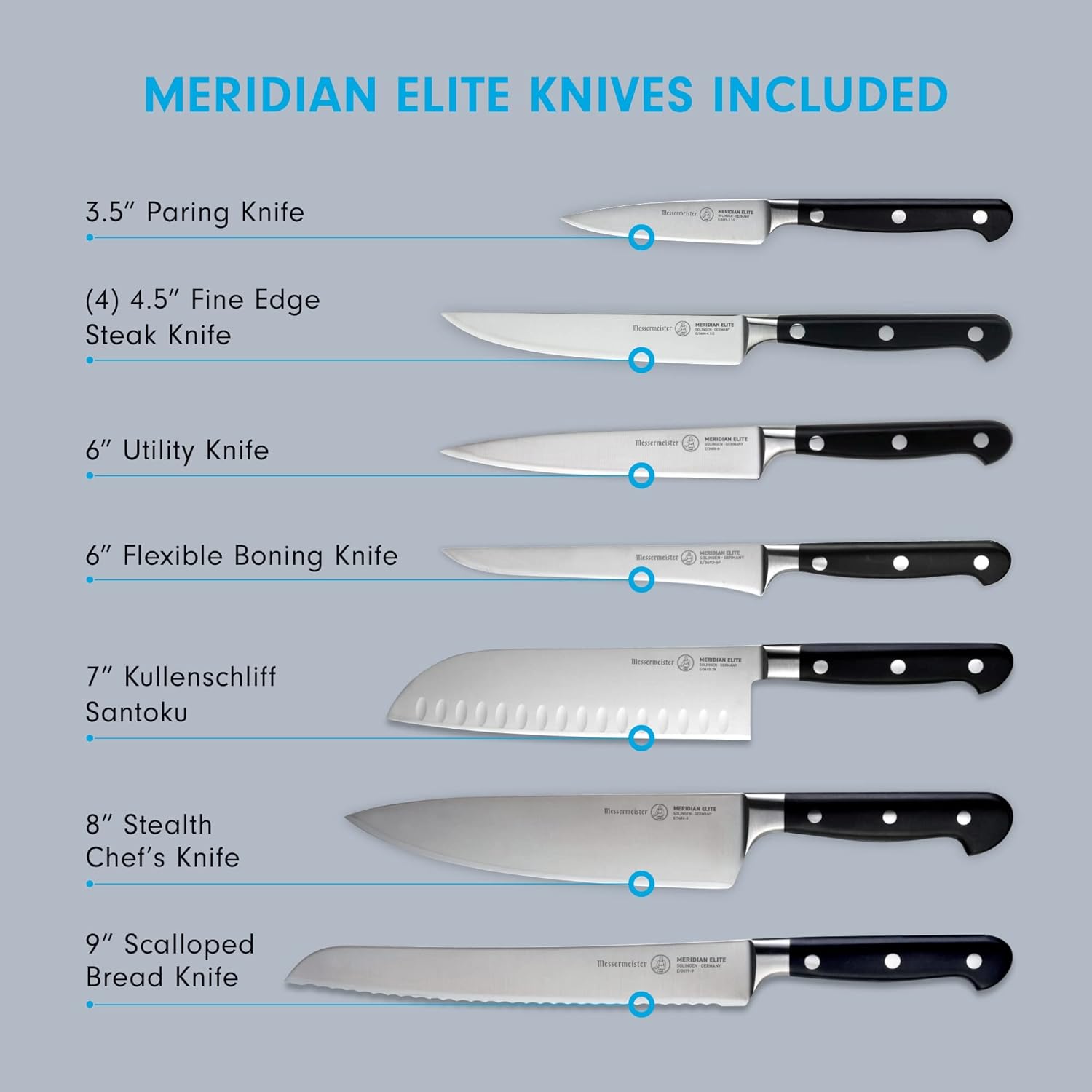 Messermeister Meridian Elite 11-Piece Next Level Block Set - Includes Includes 6 Speciality Knives, 4 Steak Knives  Knife Block