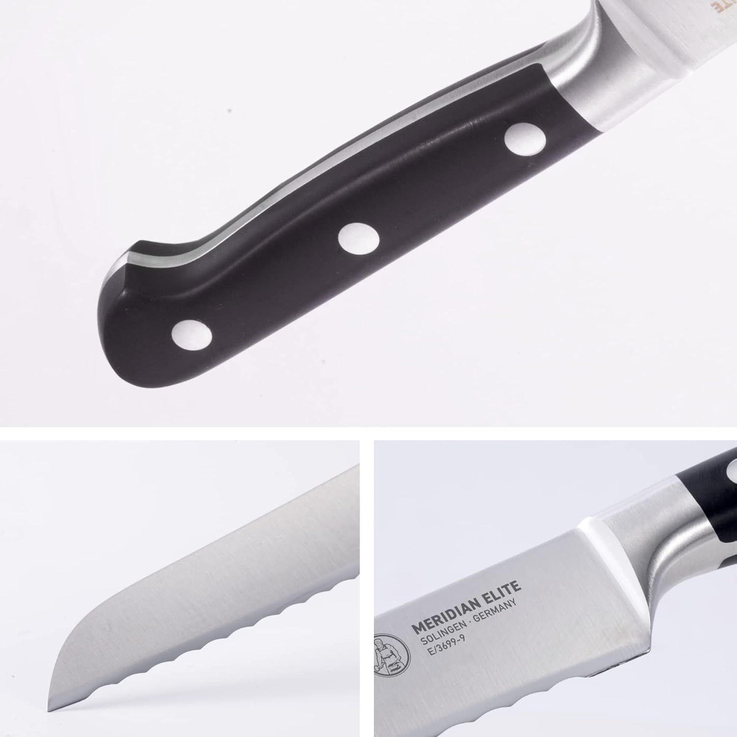 Messermeister Meridian Elite 9” Scalloped Bread Knife - Fine German Steel Alloy Blade - Rust Resistant  Easy to Maintain